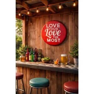 Retro Tin Red Bottle Cap Wall Hanging 'Love Your Love The Most' - 13" Diameter